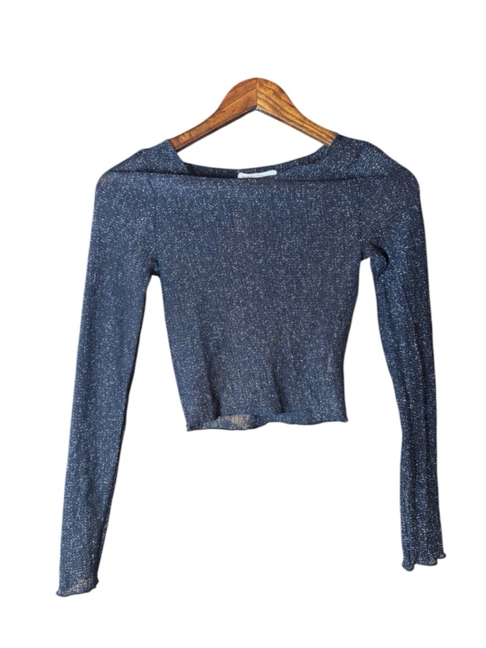 Y2K Metallic Shimmer Long Sleeve Crop Top Black Sparkle Stretch Party Club